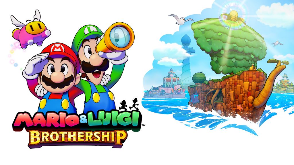 Mario & Luigi: Brothership promotional art. On the left, Mario and Luigi are gesturing and holding a telescope respectively while a new NPC flies overhead, leaving a colourful trail. On the right, there is a 3D-rendered scene of Shipshape Island, a boat-like island that can be found in the game.