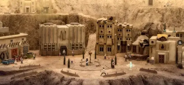 A small desert town square in Fantasian.