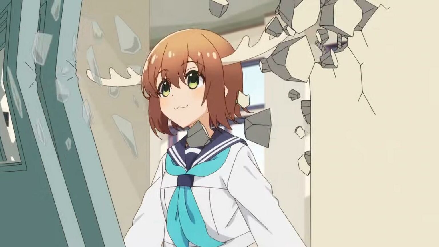 Nokotan, a girl with deer antlers, violently bursting through a door frame. Picture from Wit Studio and Twin Engine.