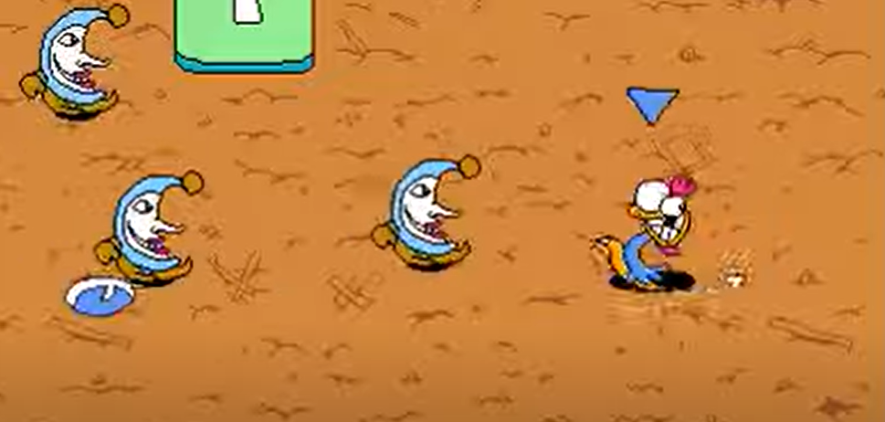 Crazy Chicken, one of Woon's main characters, runs towards a few enemies.