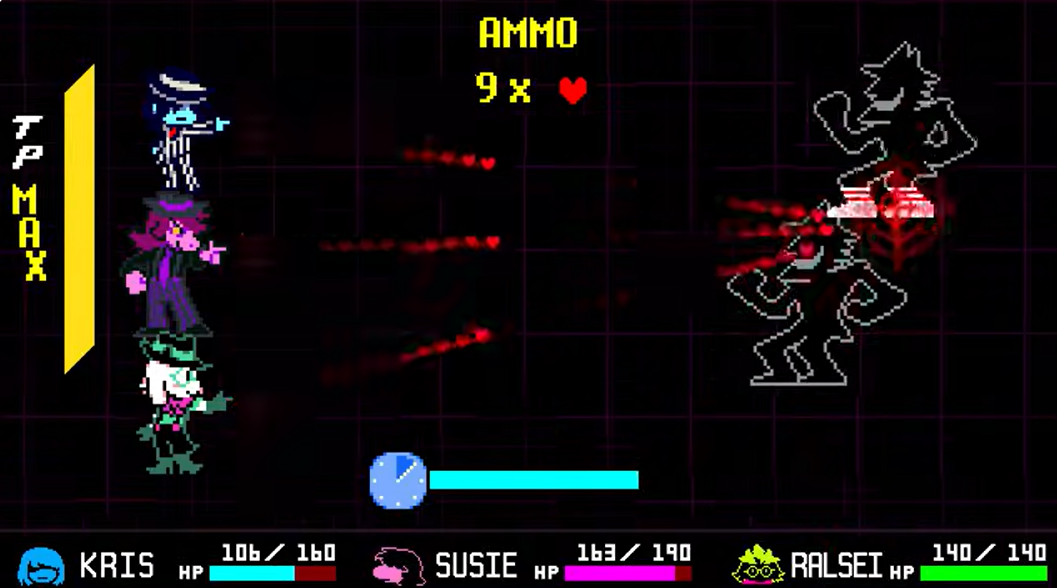 Kris, a blue human, Susie, a pink lizard, and Ralsei, a white Boss Monster (goat), fire hearts at the socks of a silhouetted Darkner (monster) called a Shadowguy.