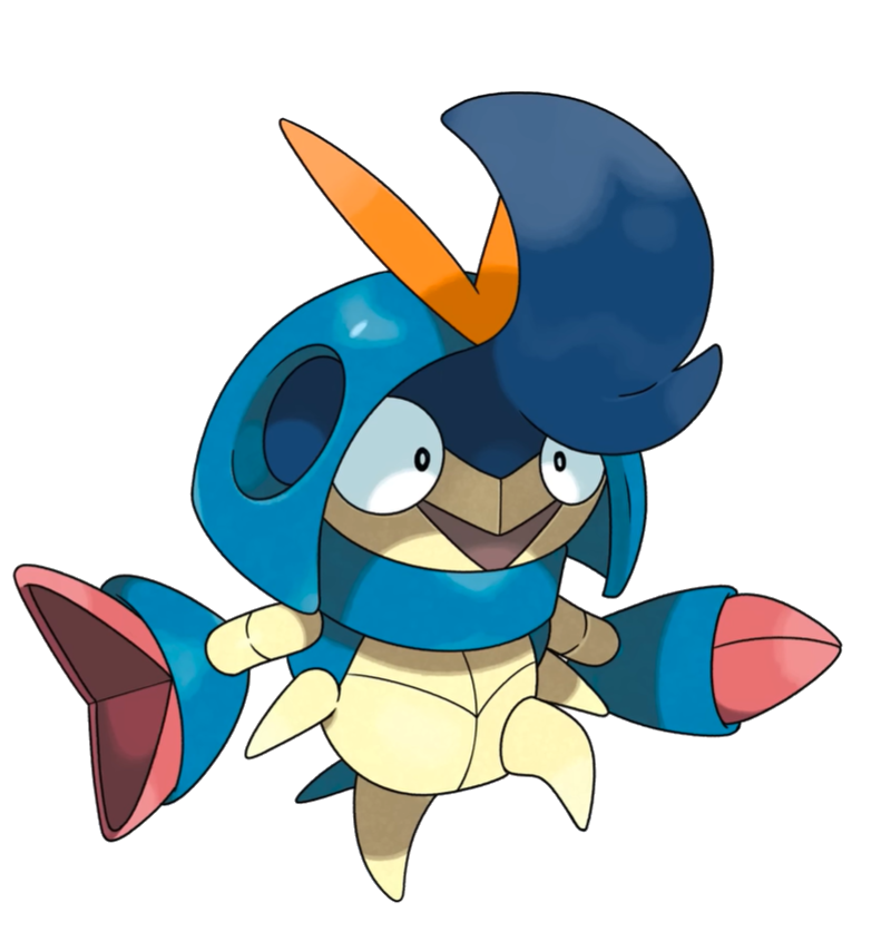 Snipster, the Softshell Pokémon. An anthropomorphic crab-like Pokémon that's mainly blue and pale yellow, with orange and red highlights.